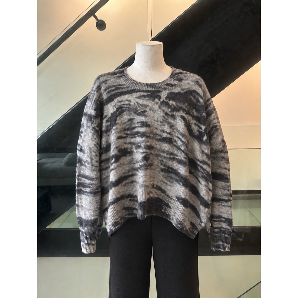 Enza Costa Grey Black Tiger Stripe 100% Cashmere Crew Neck Sweater XS